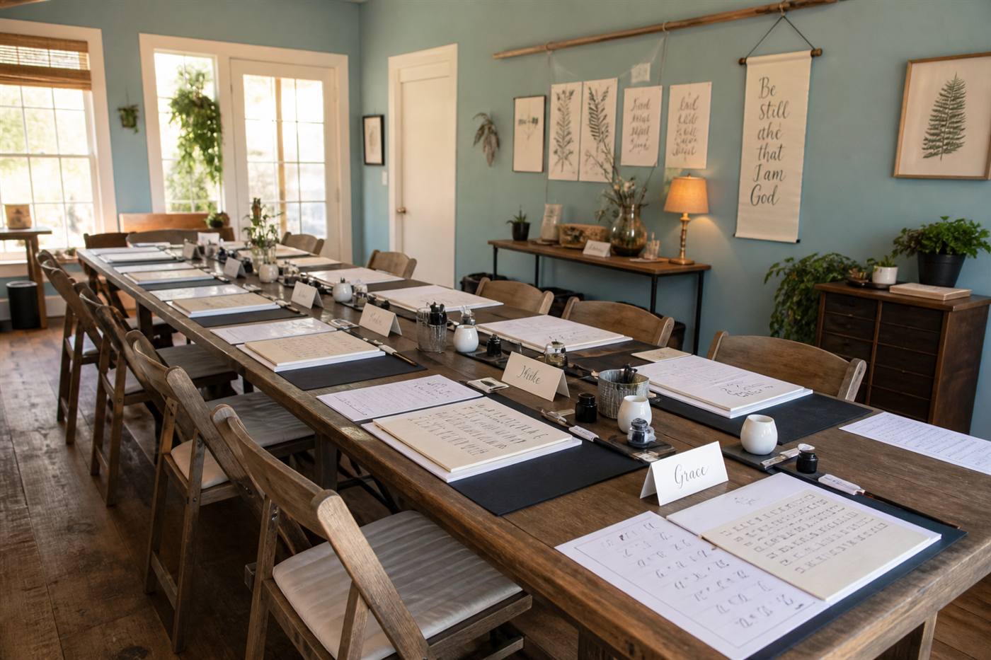 Calligraphy workshop table set with ink pots, pens, and practice sheets