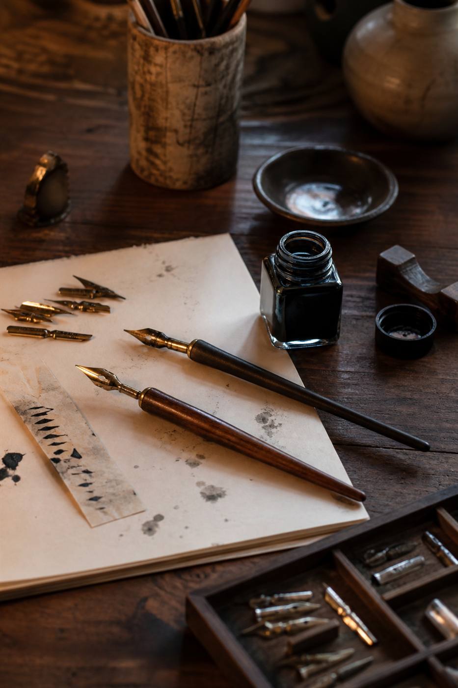 Calligraphy tools arranged on a wooden desk