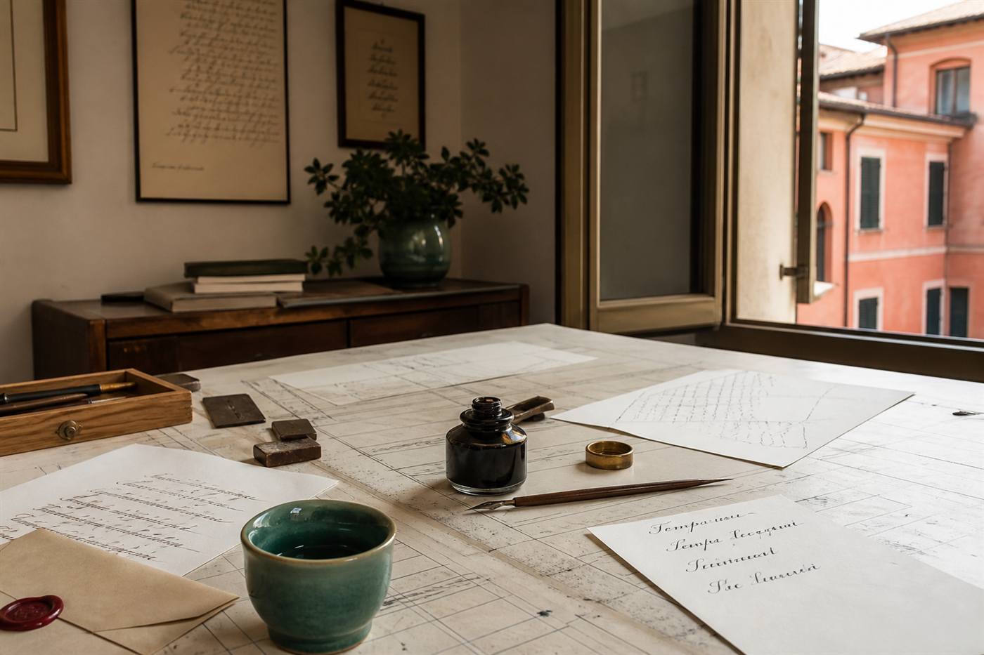 Ruled drafting table with ink bottle and envelope in a calligraphy studio