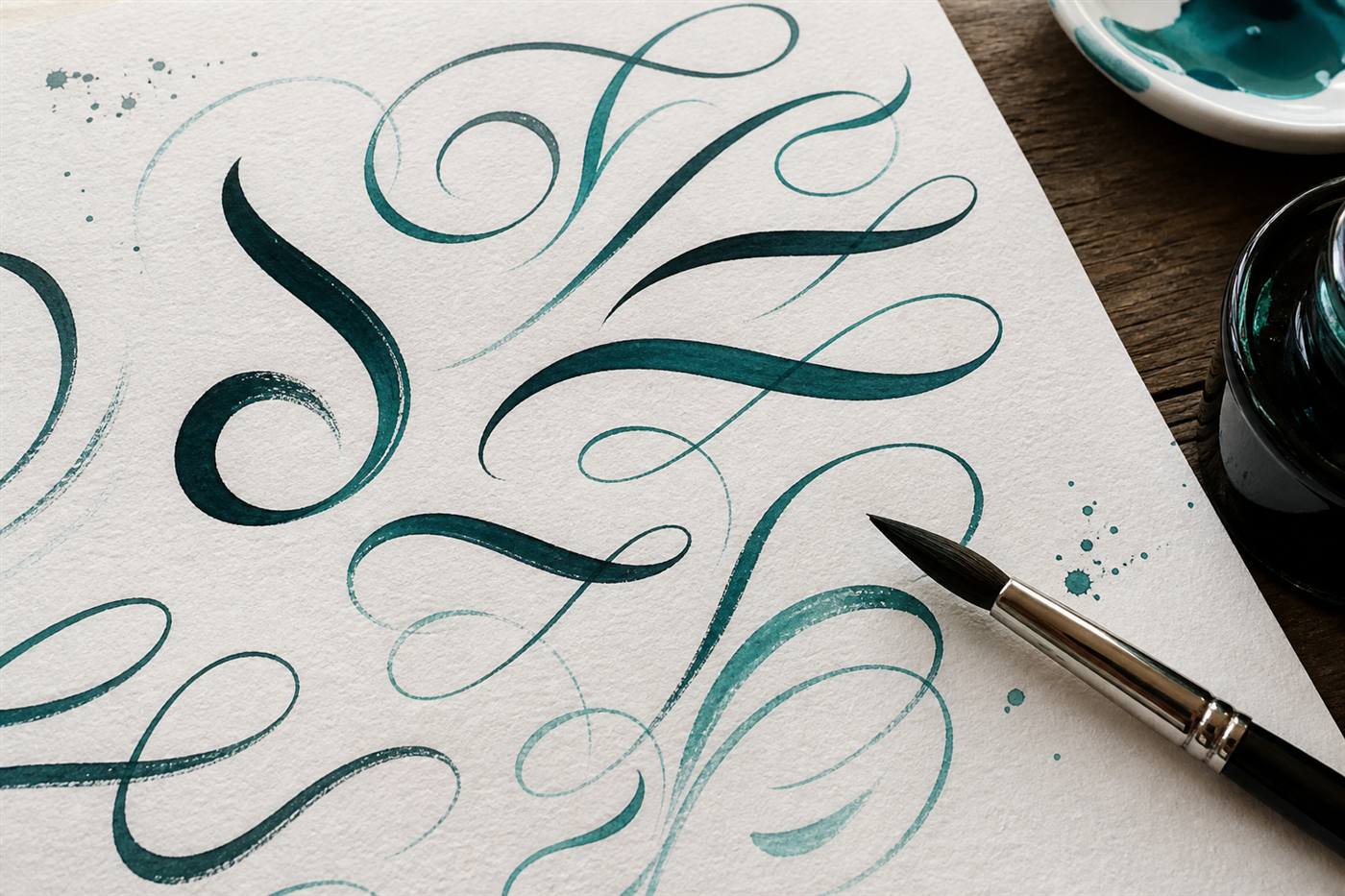 Teal ink flourishes and brush on cream calligraphy paper